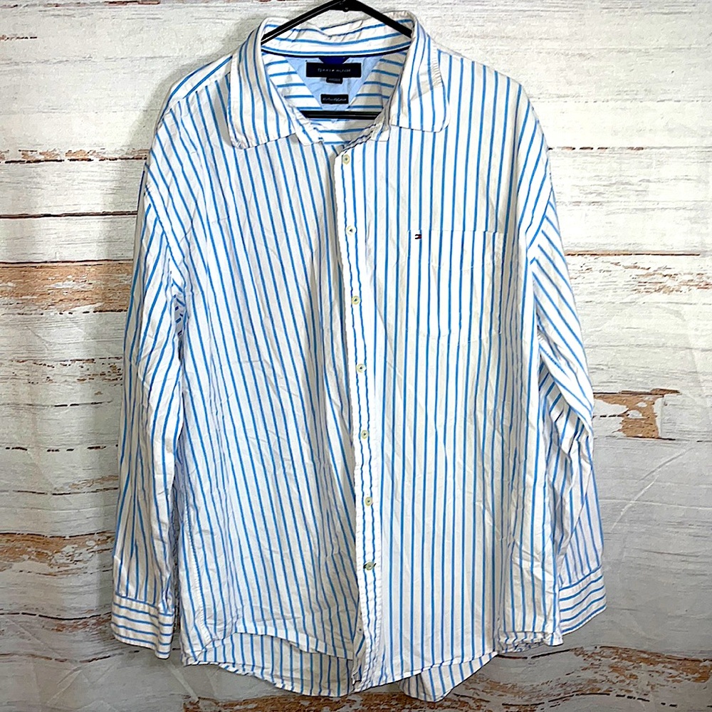 Tommy Hilfiger Classic White & Blue Striped Button-Dow Shirt XXL